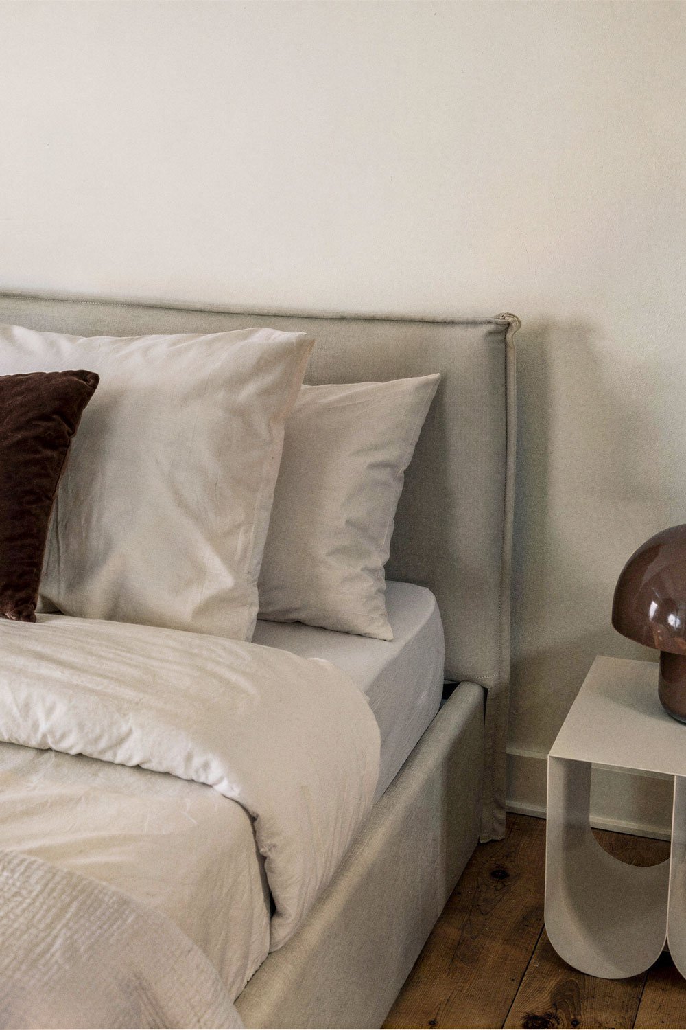 Cama para colchón 135x190cm con canapé abatible en chenilla blanco roto Lorea, imagen de galer&iacute;a 2