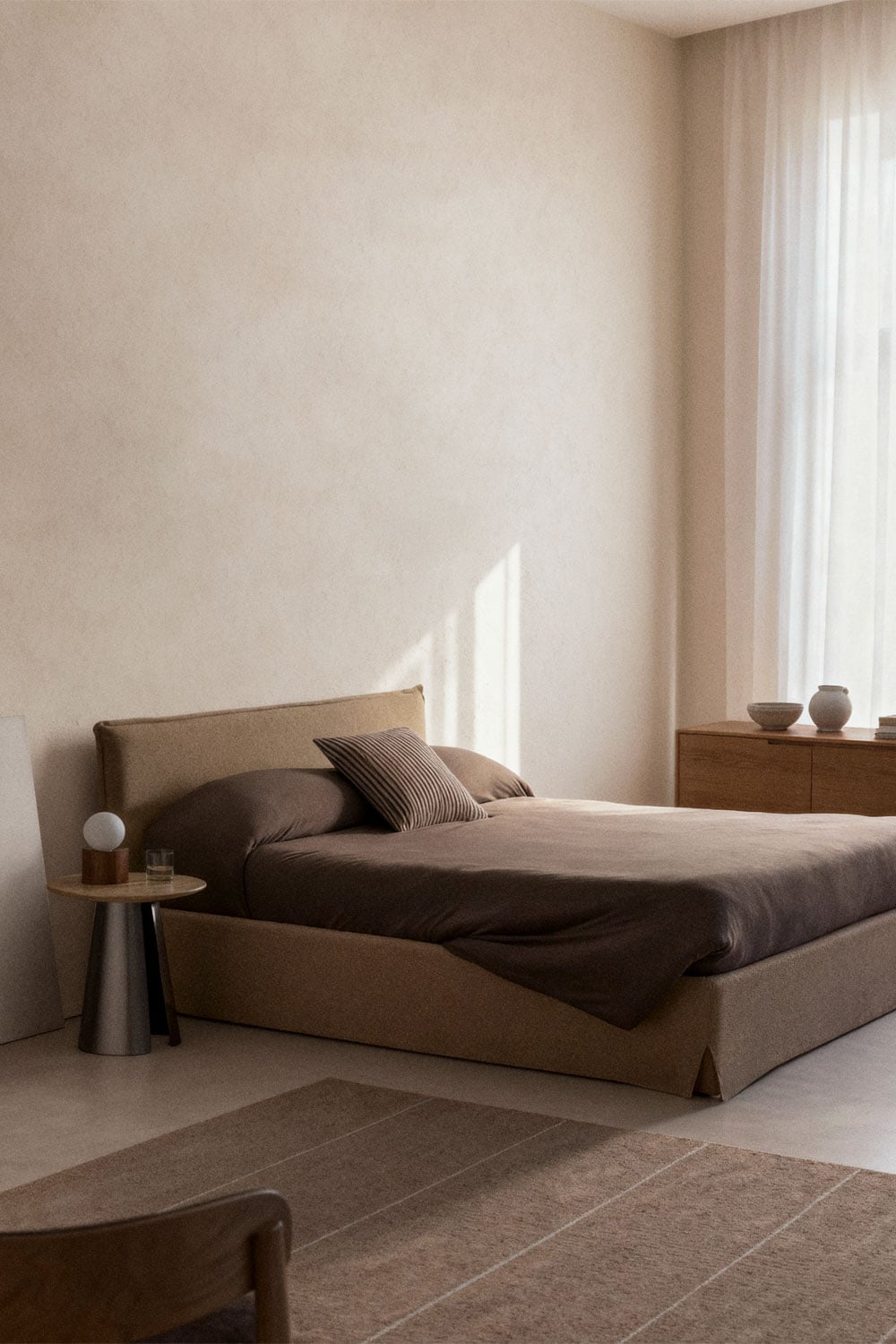 Cama para colchón 160x200cm con canapé abatible en bouclé marrón trigo Lorea, imagen de galer&iacute;a 1