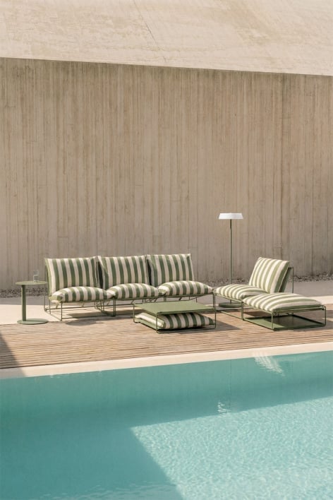 Conjunto de jardín con sofá modular de 3 piezas, sillón, mesa auxiliar y puff convertibles Amaro