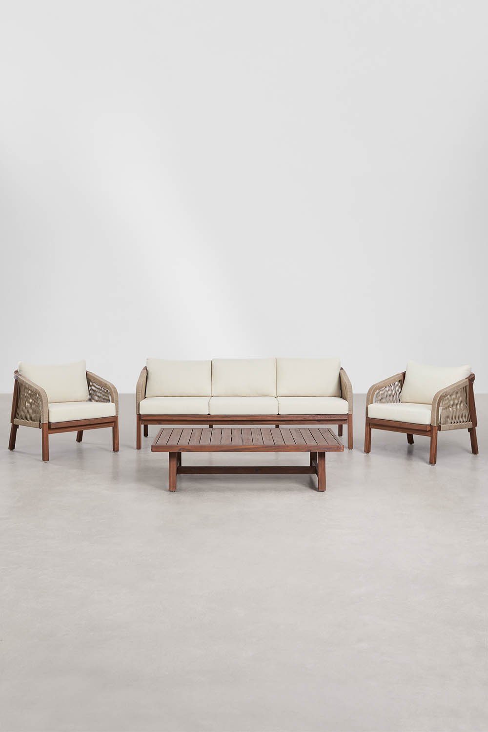 Conjunto de salón con sofá de 3 plazas, 2 sillones y mesa de centro en madera de acacia Dubai, imagen de galer&iacute;a 1