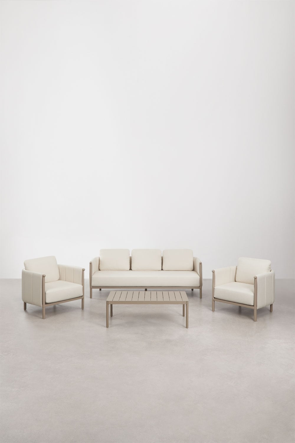 Conjunto de jardín con sofá de 3 plazas, 2 sillones en bouclé y mesa de centro en aluminio Boleni, imagen de galer&iacute;a 3