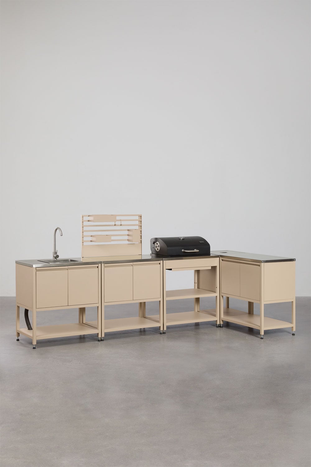 Cocina modular esquinera de exterior de 5 piezas con fregadero, panel organizador y barbacoa de carbón en acero Savona, imagen de galer&iacute;a 1