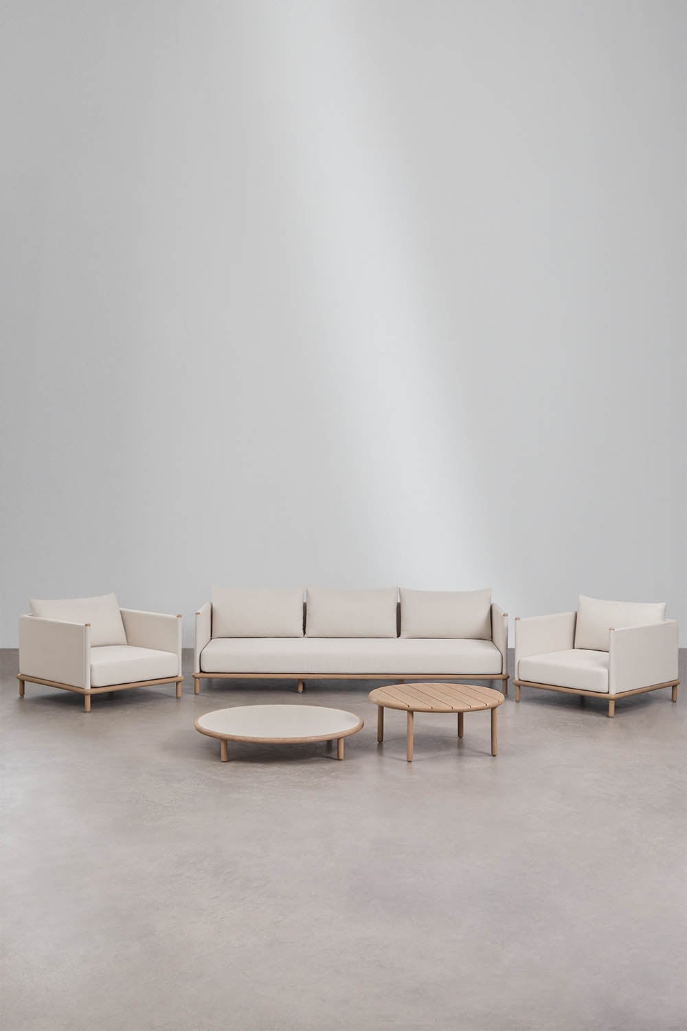 Conjunto de salón con sofá de 3 plazas, 2 sillones y 2 mesas de centro redondas en madera de acacia Olivia, imagen de galer&iacute;a 1