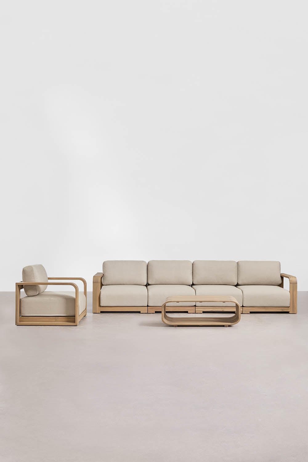 Conjunto de jardín con sofá modular de 4 piezas con reposabrazos, sillón y mesa de centro en madera de acacia Brivori, imagen de galer&iacute;a 5