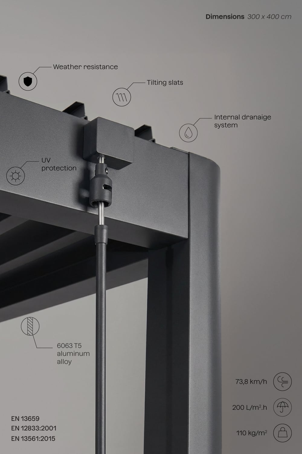 Pérgola bioclimática 3 x 4 m de aluminio con lamas gris grafito Druvia, imagen de galer&iacute;a 6