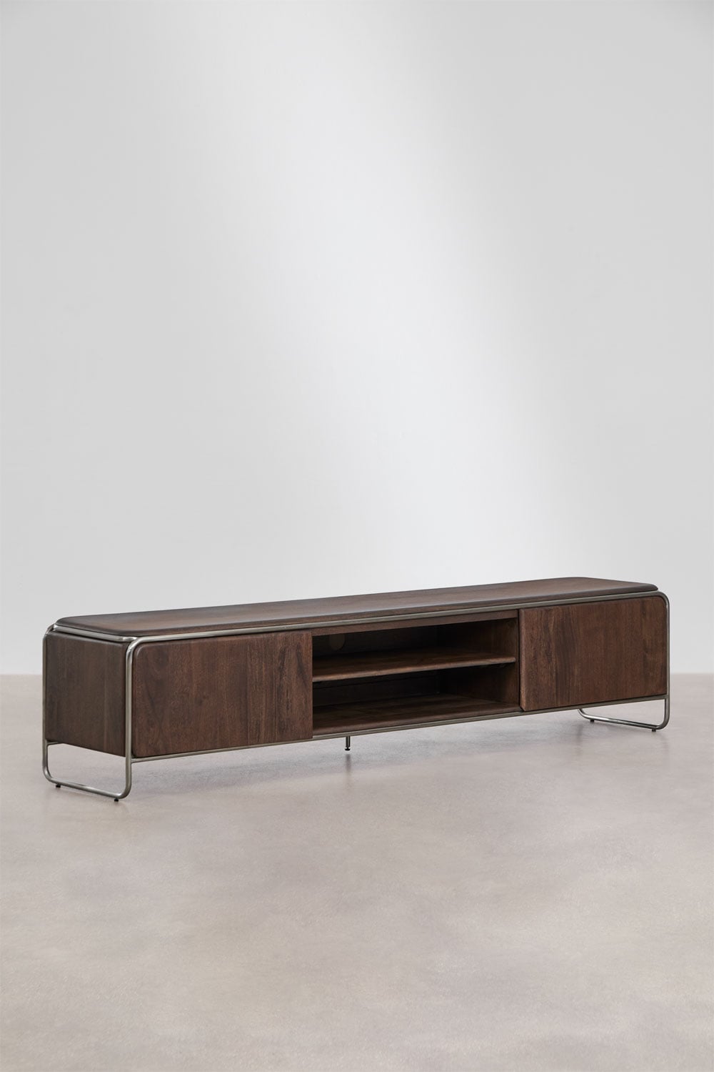 Mueble TV 200x40 cm en madera de acacia oscura y acero inoxidable Altrex, imagen de galer&iacute;a 1