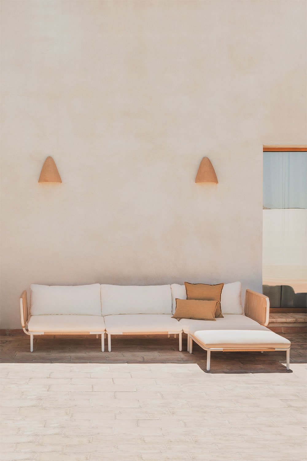 Conjunto de jardín con sofá modular de 3 piezas con 2 módulos esquineros y puff en acero Roubly, imagen de galer&iacute;a 1