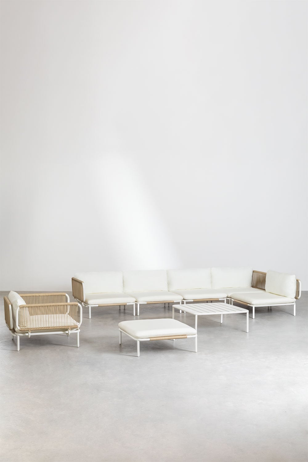 Conjunto de jardín con sofá modular rinconera de 5 piezas, mesa de centro, puff y sillón en acero Roubly, imagen de galer&iacute;a 1