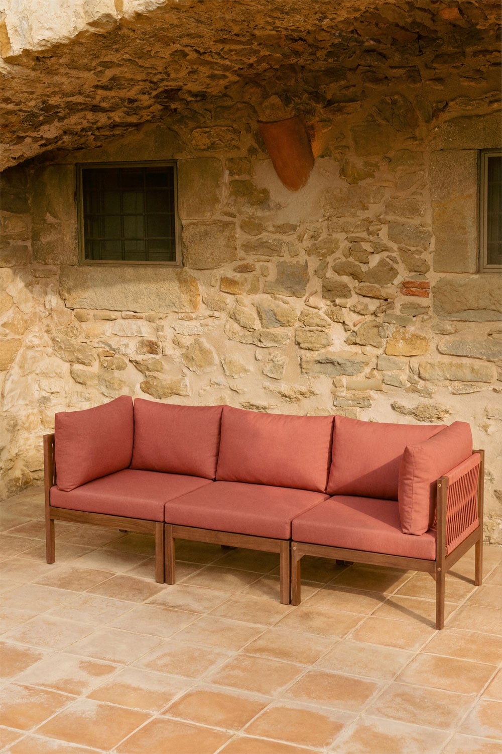 Sofá modular de jardín de 3 piezas con reposabrazos en madera de acacia Branson , imagen de galer&iacute;a 1