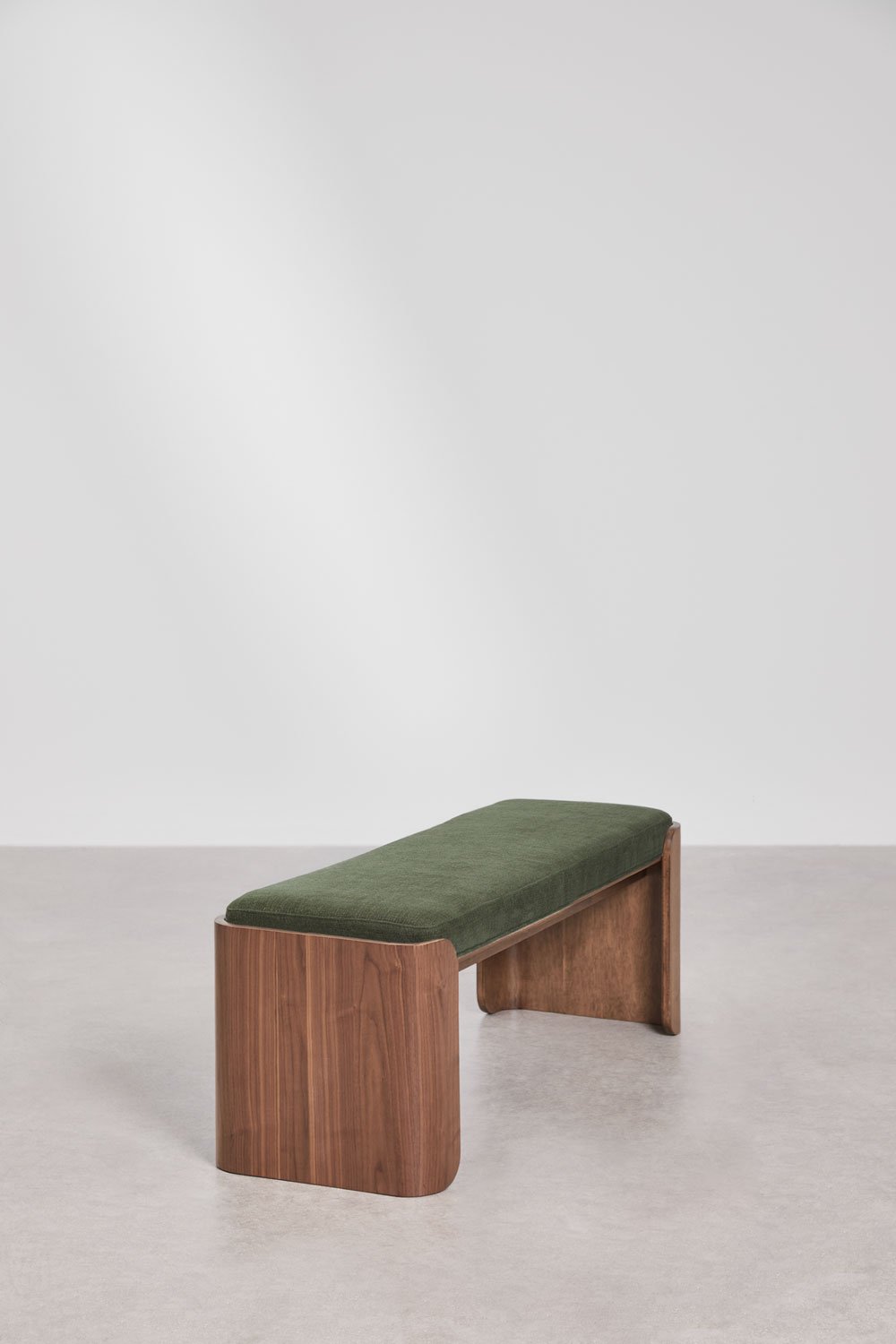 Banco 120 cm en madera de caucho oscura y chapa tapizada en tela verde oliva intenso Lofren, imagen de galer&iacute;a 2