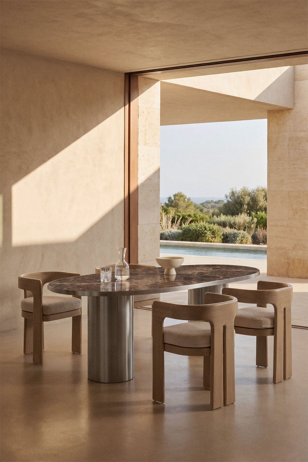 Mesa de comedor ovalada 220x110 cm en piedra natural y acero inoxidable Fertrix, imagen de galer&iacute;a 1