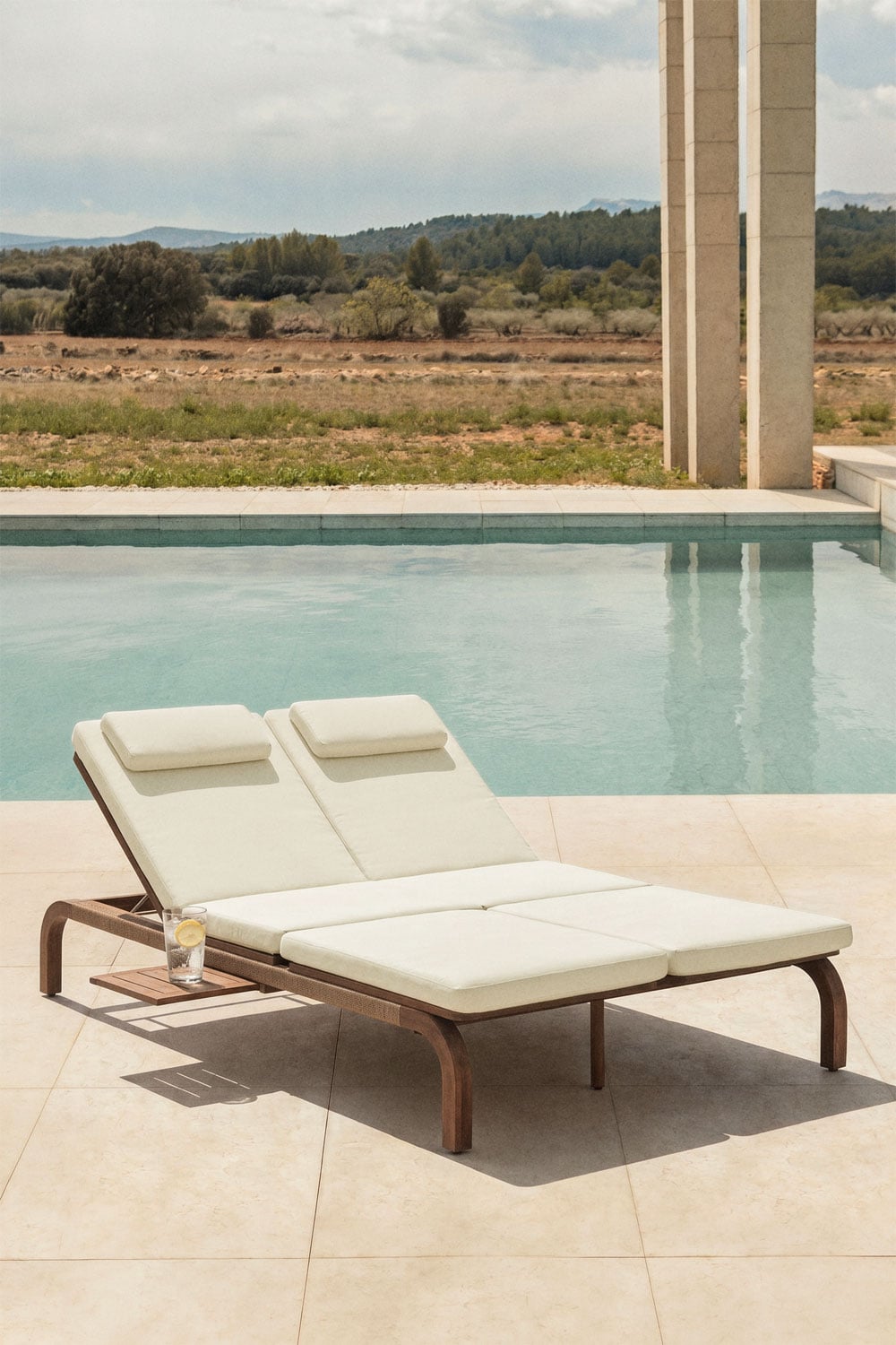 Tumbona doble reclinable en madera de acacia con cojín Dubai, imagen de galer&iacute;a 1
