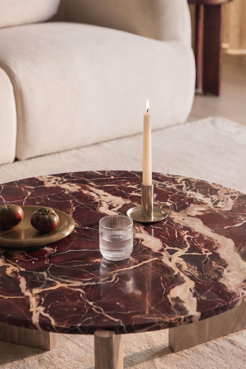 Mesa de centro redonda en piedra natural y madera de mango Lavinia , imagen de galer&iacute;a 2