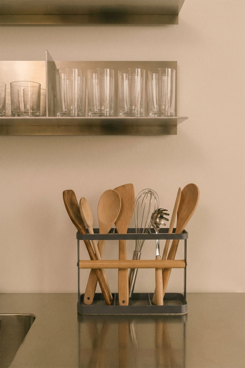 Organizador de utensilios de cocina en hierro y madera de caucho Celine, imagen de galer&iacute;a 1
