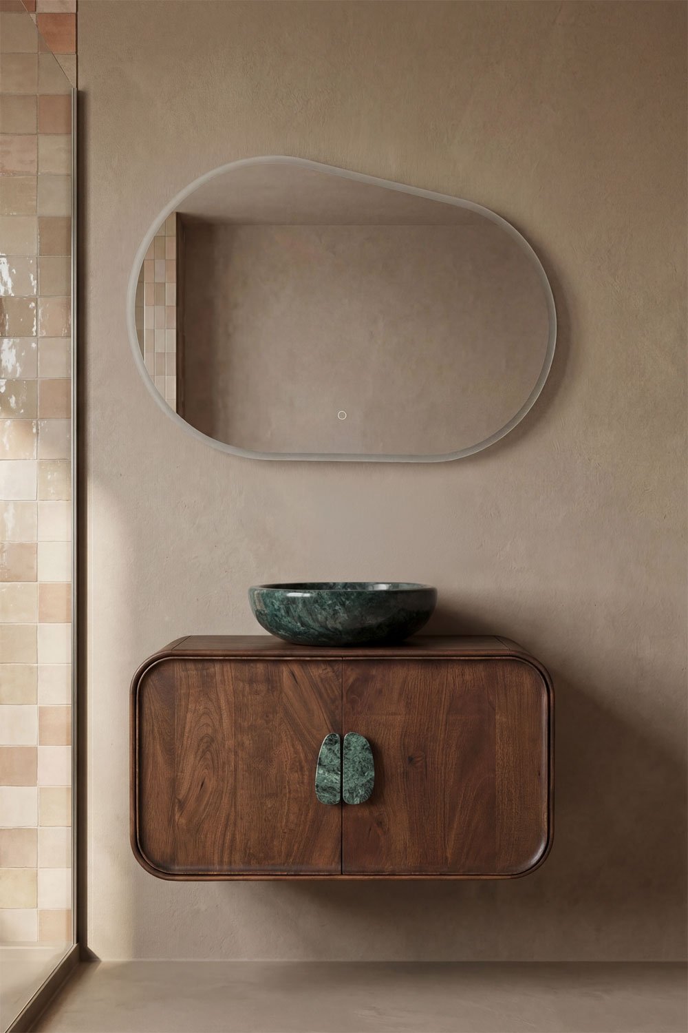Conjunto de mueble de baño suspendido 95x45 cm en madera de mango y piedra natural Kivalina, imagen de galer&iacute;a 1