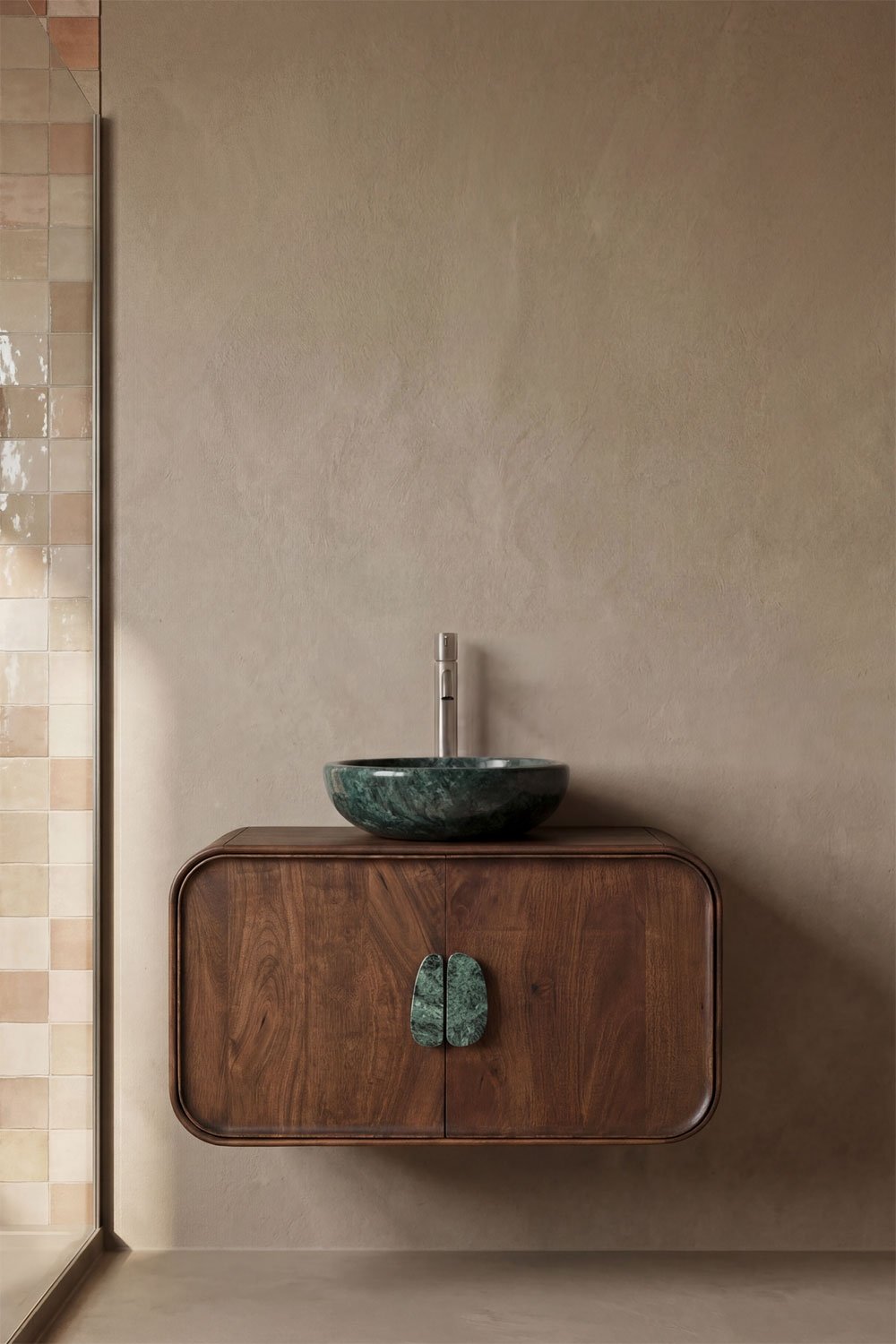 Conjunto de mueble de baño suspendido 95x45 cm en madera de mango y piedra natural Kivalina, imagen de galer&iacute;a 1