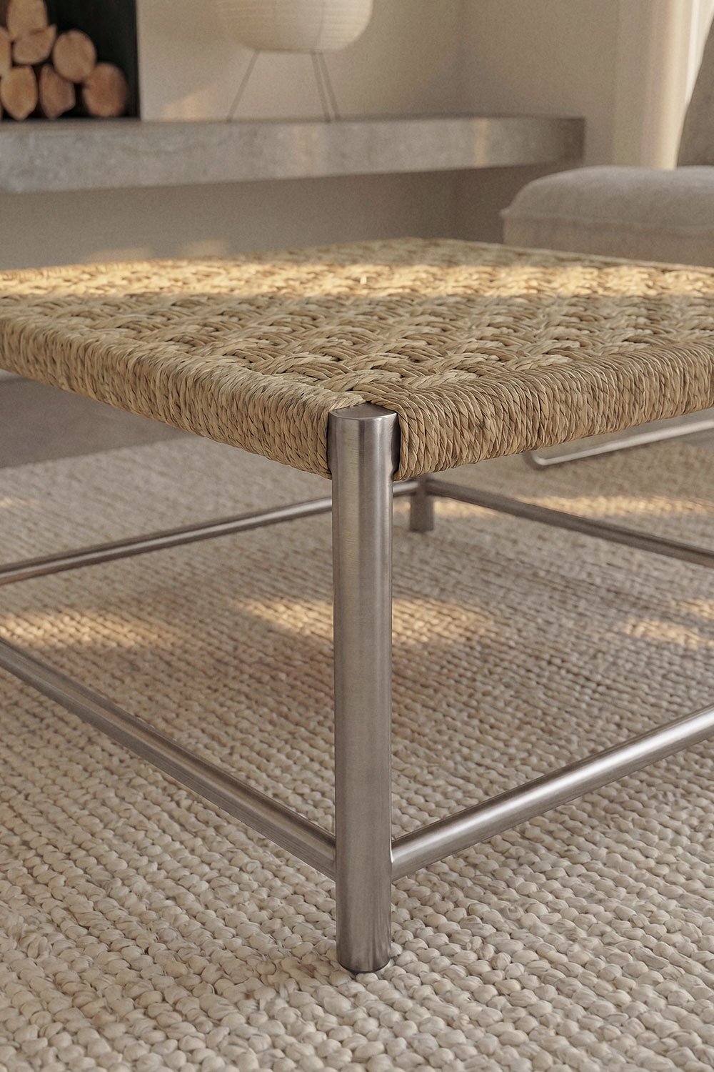 Mesa de centro cuadrada 80x80 cm en acero inoxidable y yute Narnial, imagen de galer&iacute;a 2