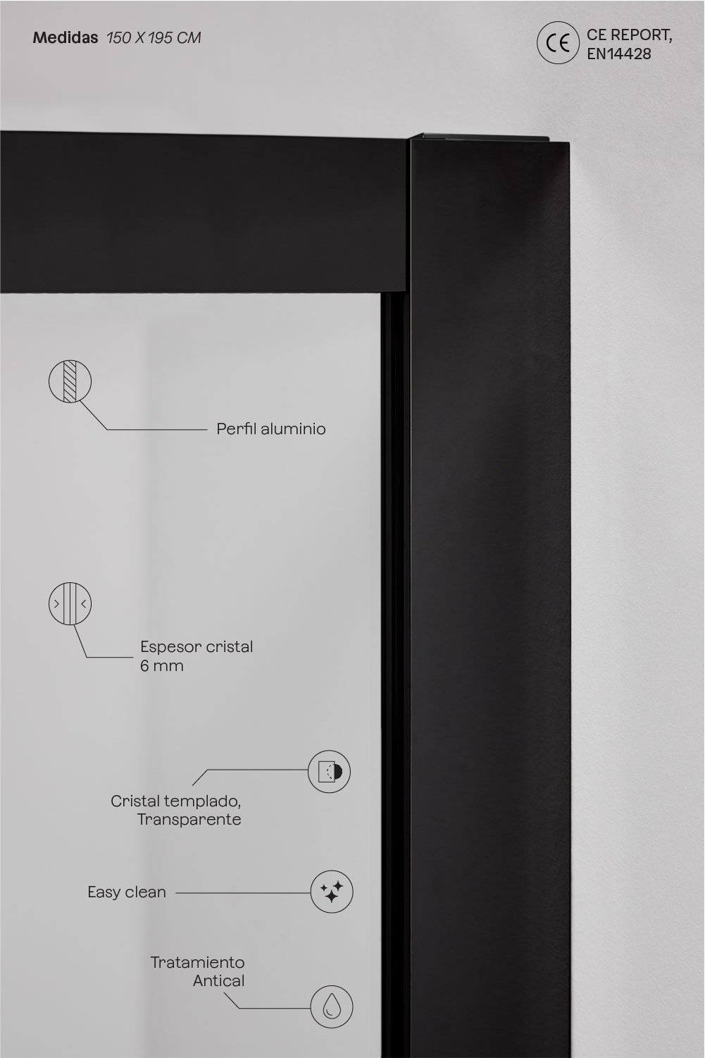 Mampara de ducha 150x195 cm puerta corredera, cristal templado 6 mm y aluminio negro mate Dover, imagen de galer&iacute;a 3