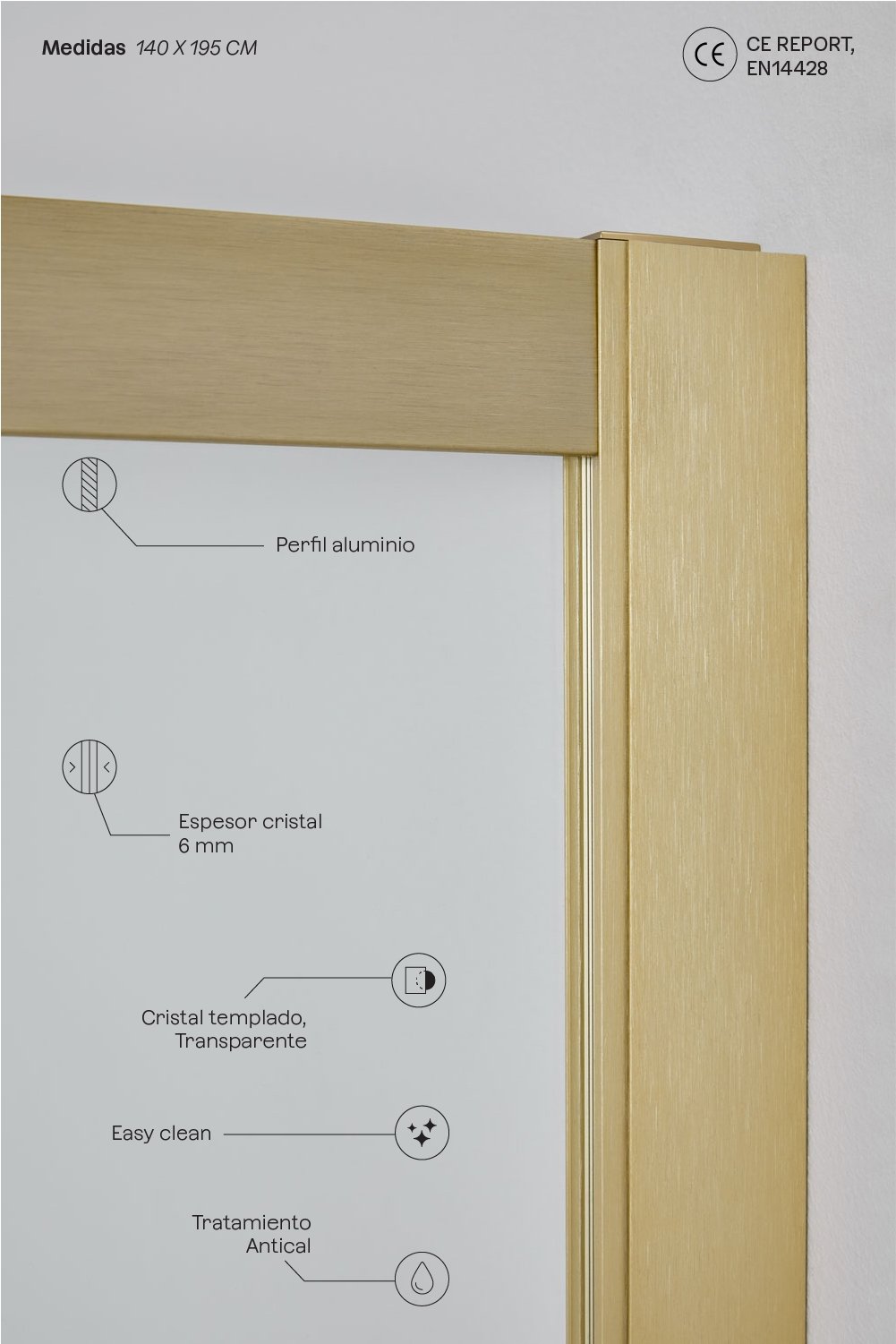 Mampara de ducha 140x195 cm puerta corredera, cristal templado 6 mm y aluminio dorado cepillado Dover, imagen de galer&iacute;a 3