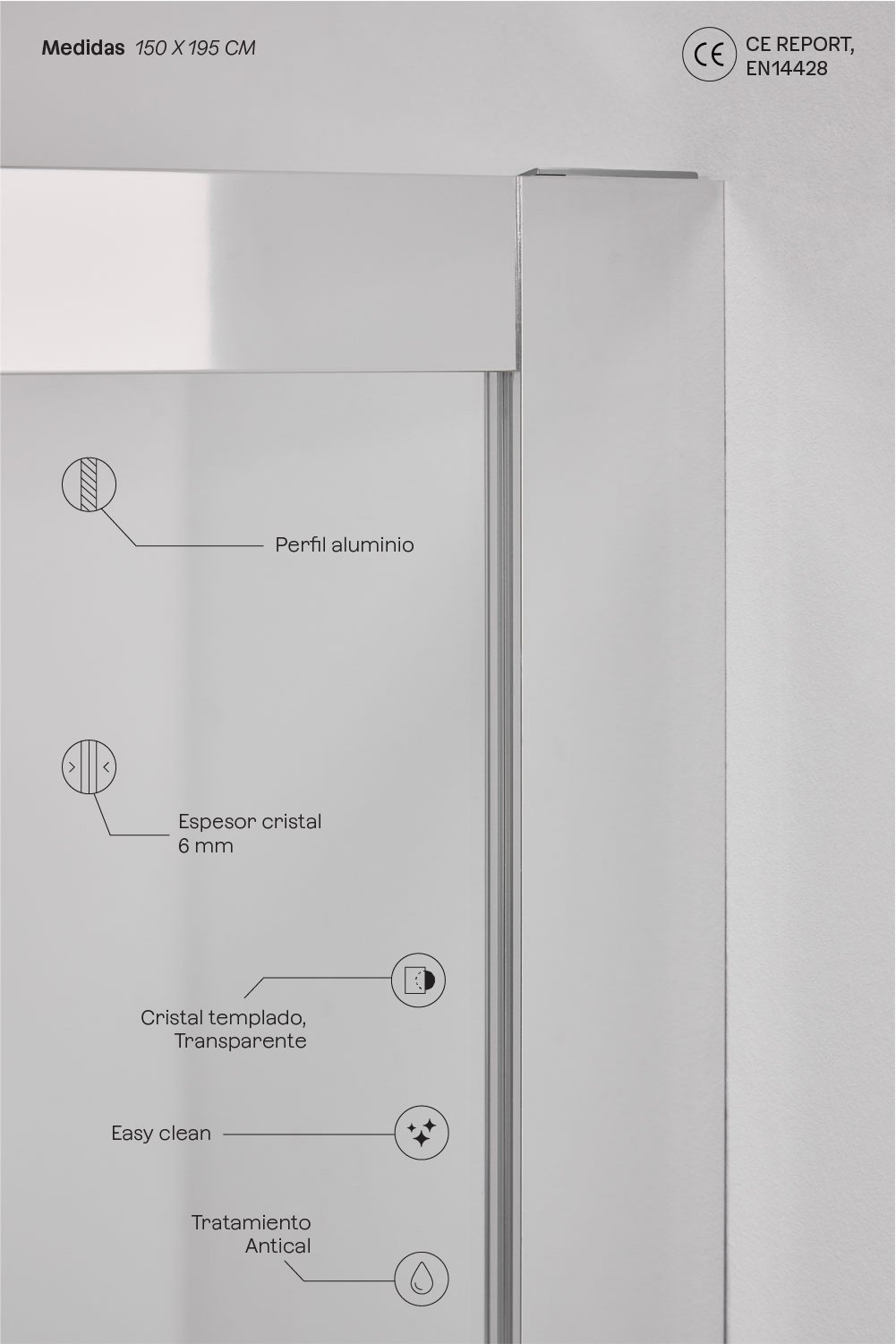 Mampara de ducha 150x195 cm puerta corredera, cristal templado 6 mm y aluminio gris cepillado Dover, imagen de galer&iacute;a 3