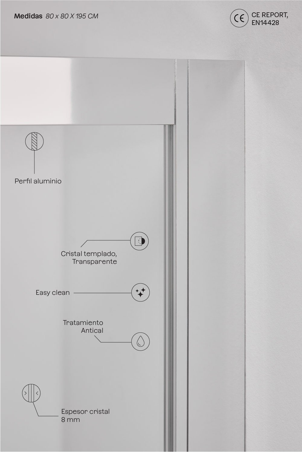 Mampara de ducha cuadrada 80x80x195 cm puertas correderas, cristal templado 6 mm y aluminio gris cepillado Brent, imagen de galer&iacute;a 4