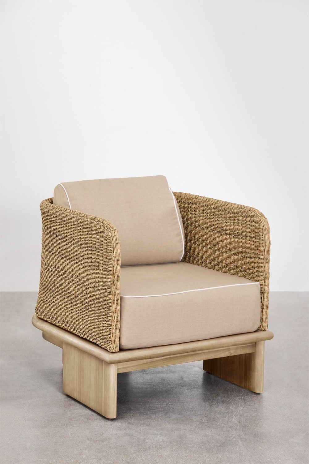 Conjunto de salón con sofá de 3 plazas, 2 sillones y 2 mesas de centro 70x70 cm en ratán y madera de acacia Famara, imagen de galer&iacute;a 7