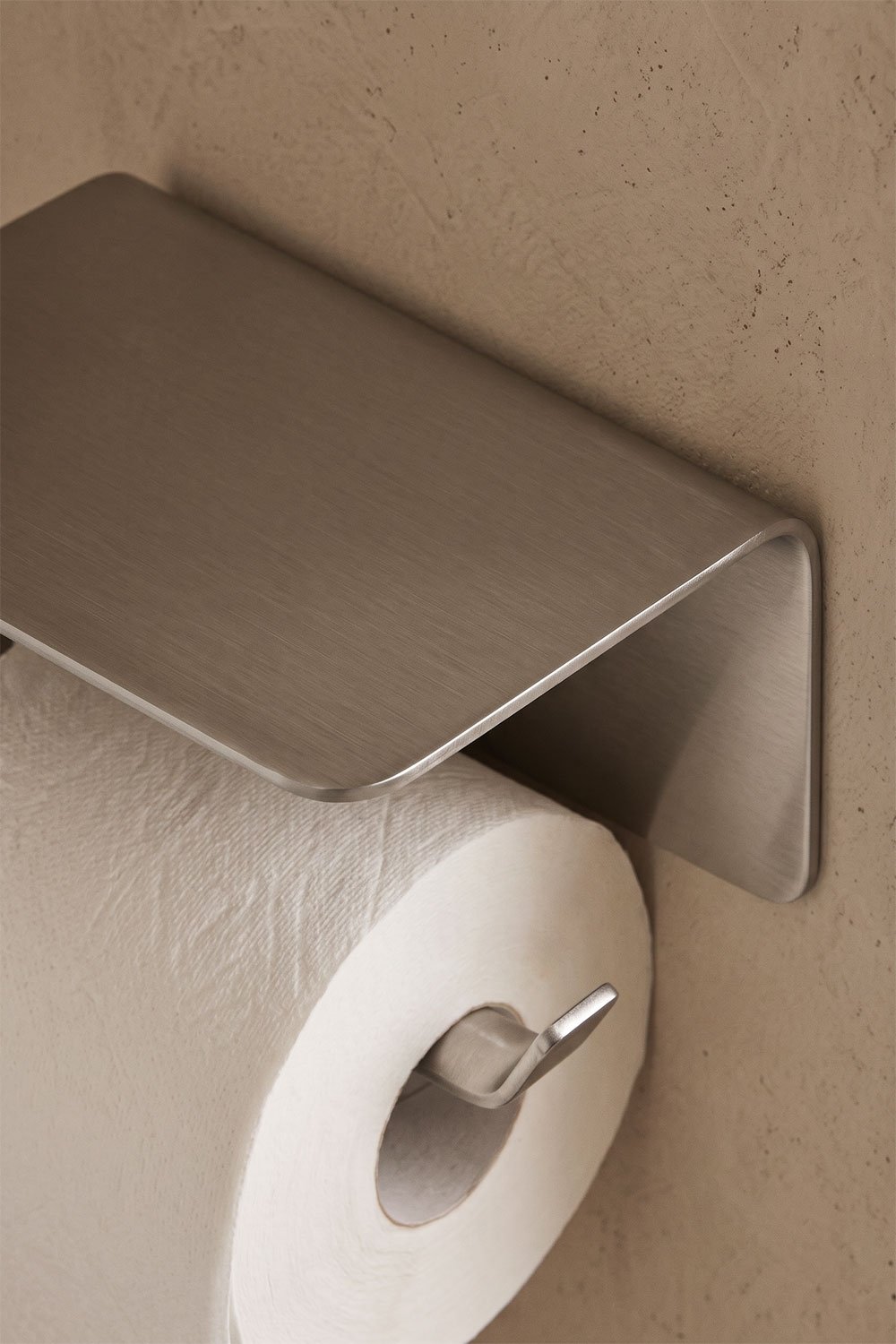 Portarrollos adhesivo para baño con bandeja en acero inoxidable gris cepillado Ondreli, imagen de galer&iacute;a 2