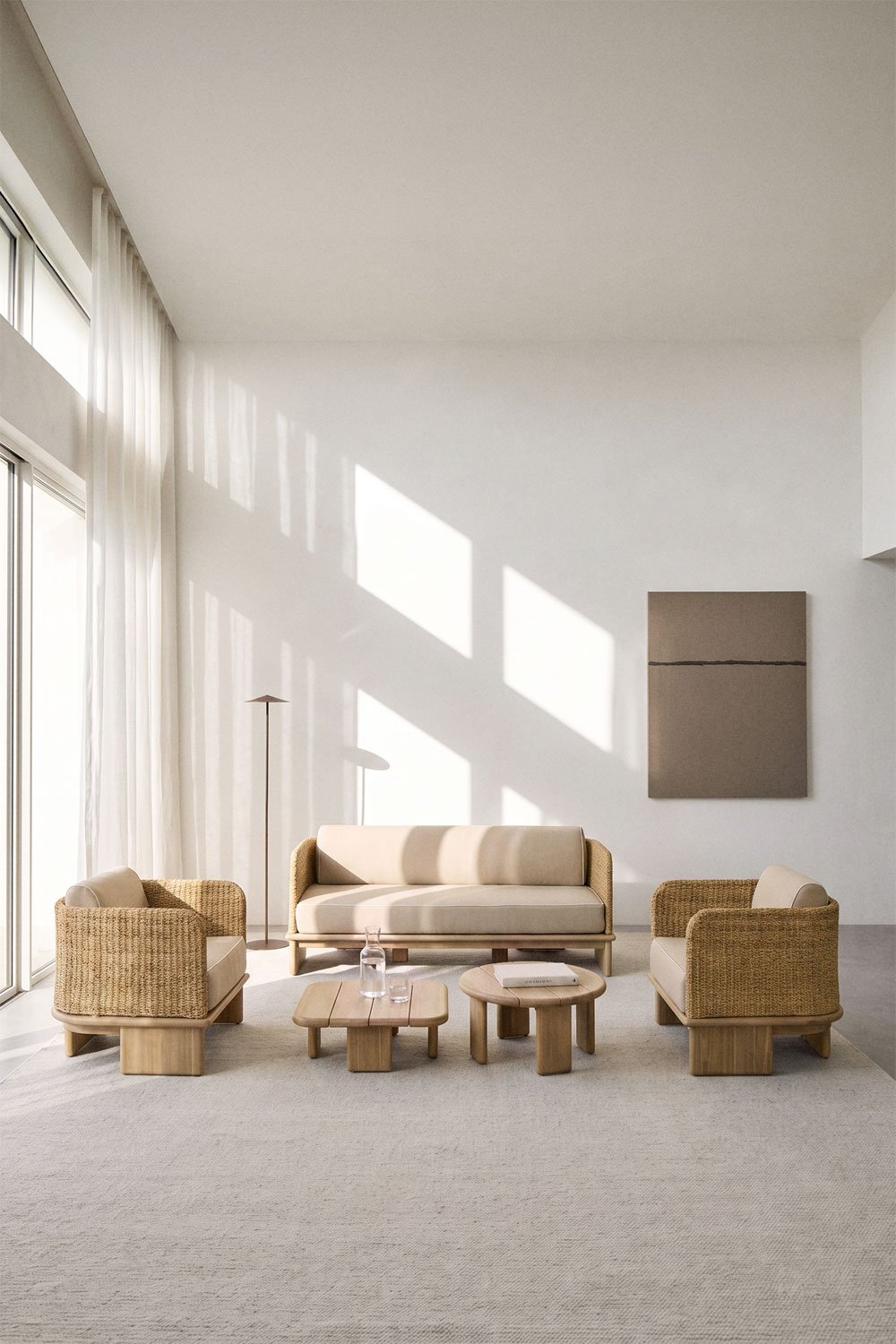 Conjunto de salón con sofá de 3 plazas, 2 sillones y 2 mesas de centro en ratán y madera de acacia Famara, imagen de galer&iacute;a 1