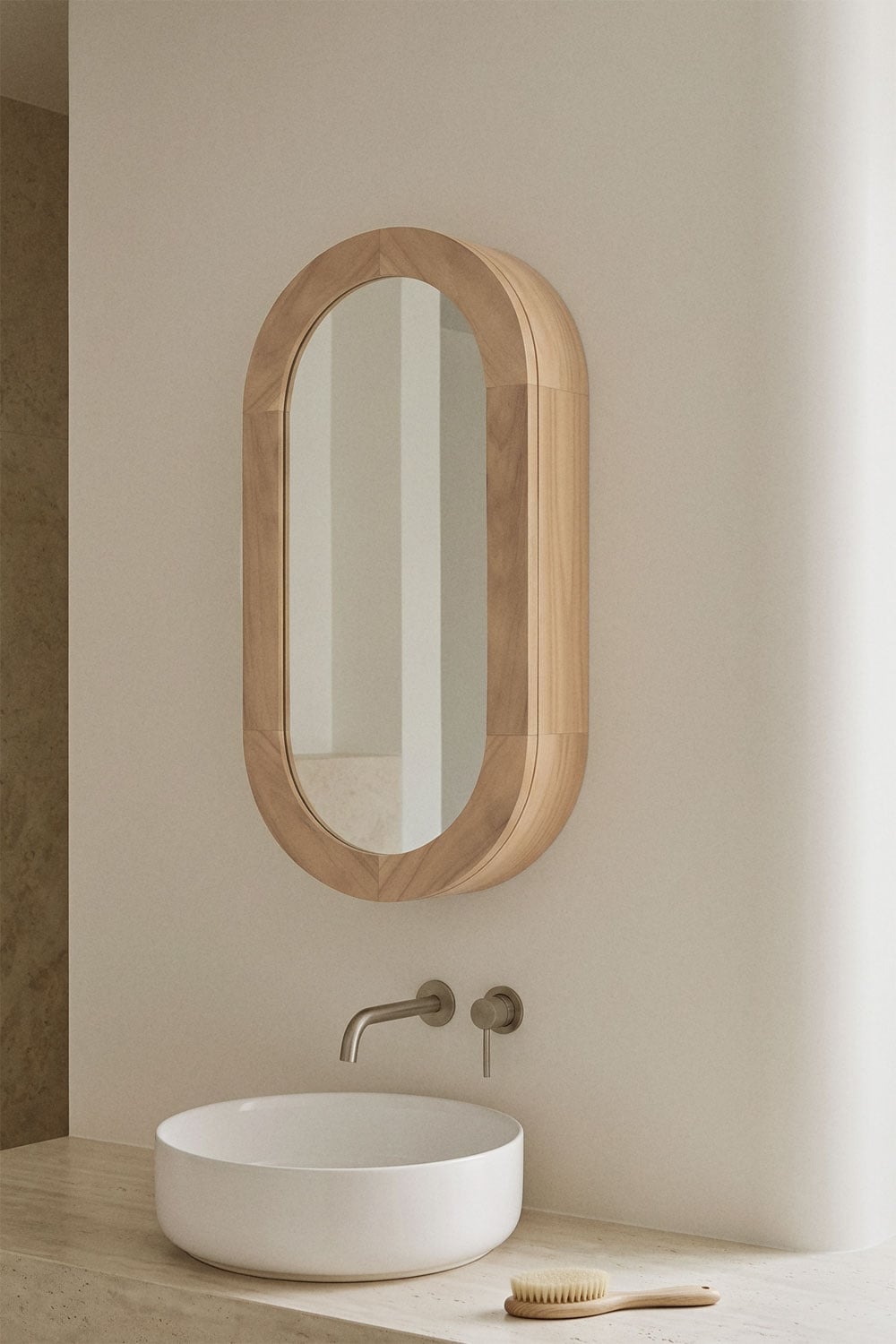 Armario de pared ovalado 35x70 cm para baño en madera de teca con espejo Ian, imagen de galer&iacute;a 1
