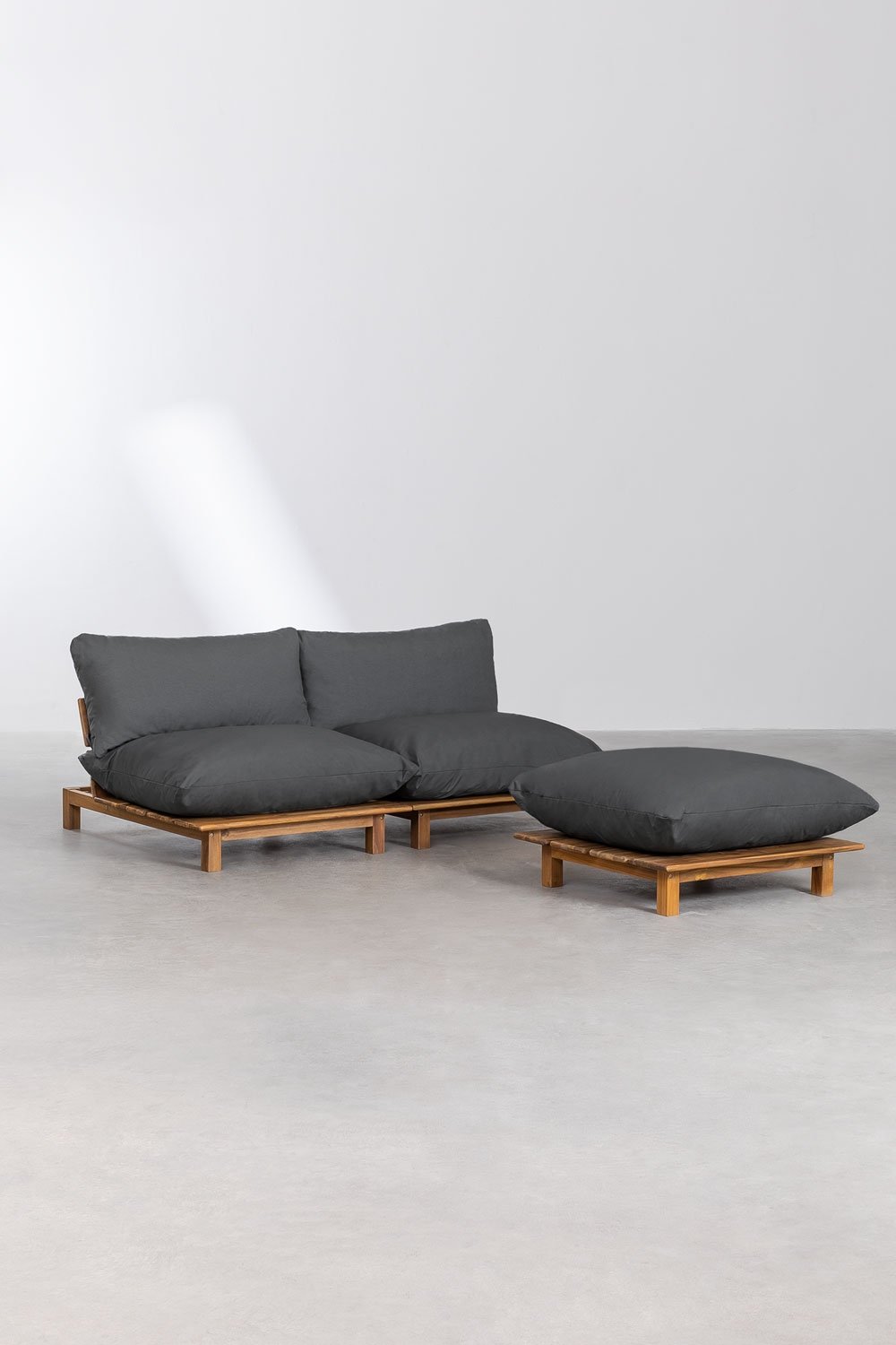 Sofá modular reclinable de 2 piezas con puff en madera de acacia Brina, imagen de galer&iacute;a 1