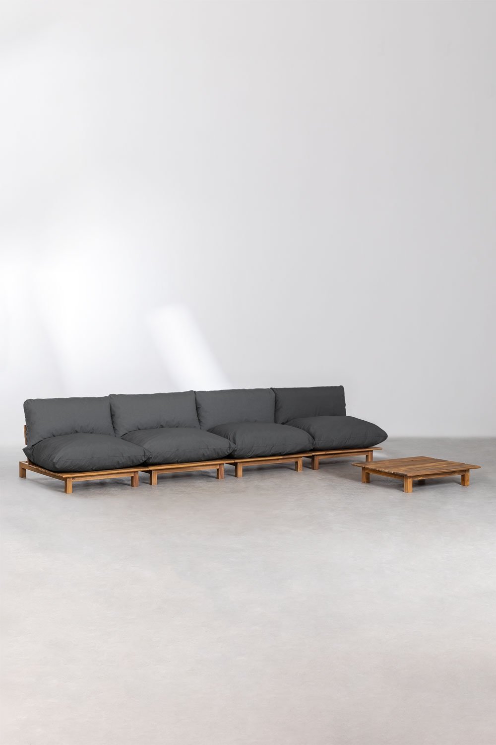 Conjunto de salón con sofá modular reclinable de 4 piezas y mesa de centro en madera de acacia Brina, imagen de galer&iacute;a 1