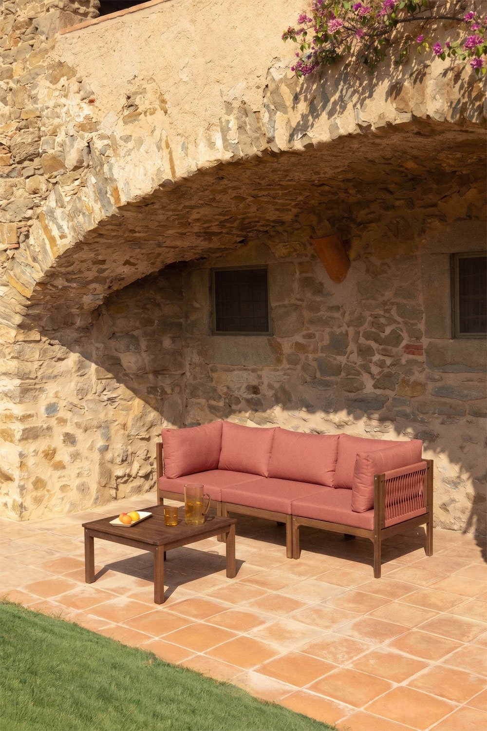 Conjunto de jardín con sofá modular de 3 piezas con reposabrazos y mesa de centro en madera de acacia Branson , imagen de galer&iacute;a 1