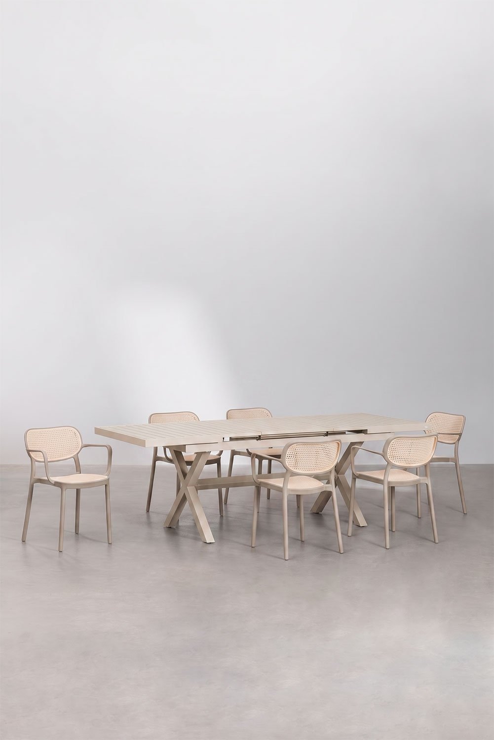 Set de mesa rectangular 180-240x90 cm extensible Karena y 6 sillas de jardín apilables con reposabrazos Omara, imagen de galer&iacute;a 1