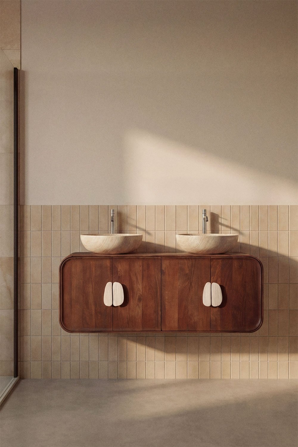 Conjunto de mueble de baño doble suspendido 130x45 cm en madera de mango y piedra natural Kivalina, imagen de galer&iacute;a 1