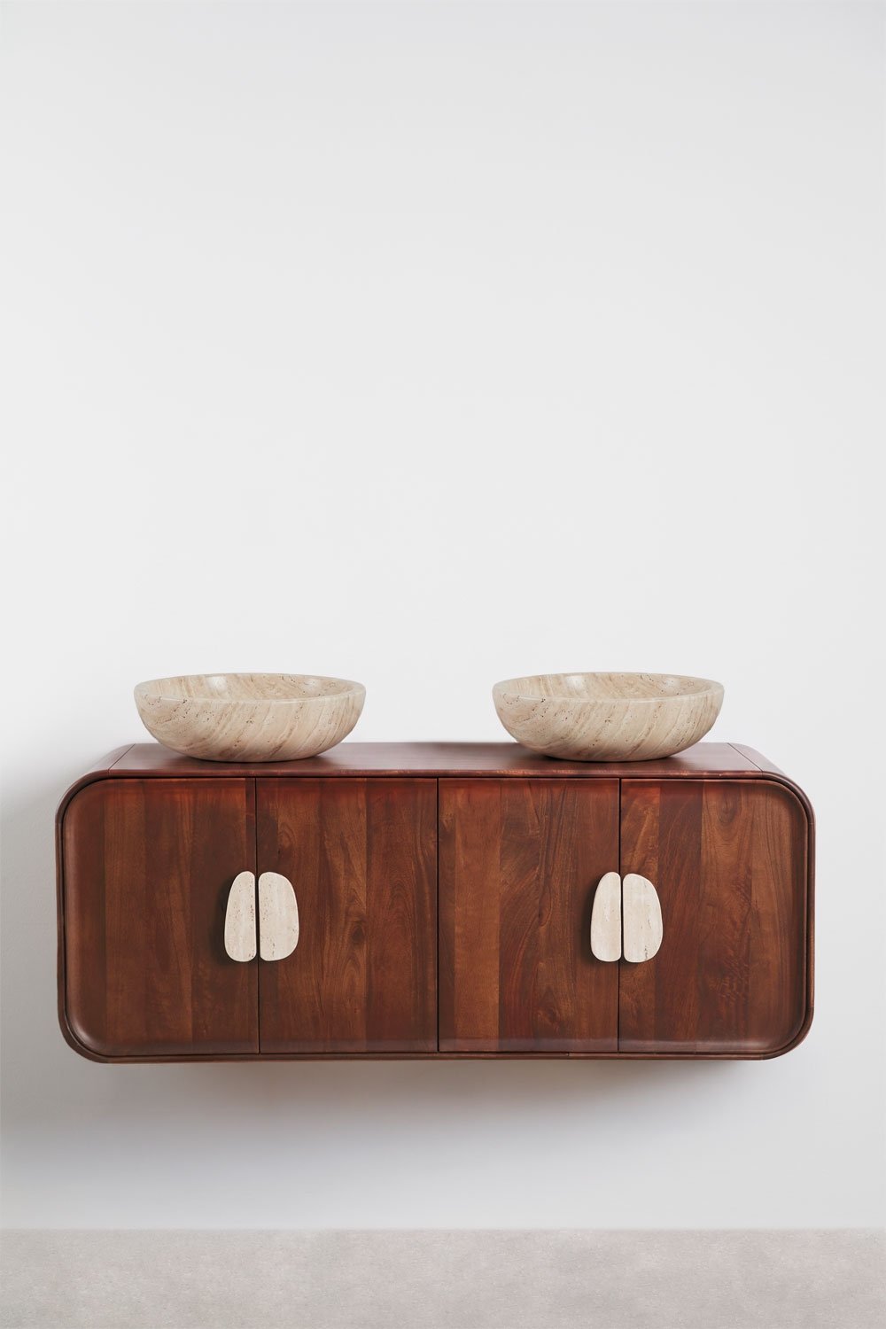 Conjunto de mueble de baño doble suspendido 130x45 cm en madera de mango y piedra natural Kivalina, imagen de galer&iacute;a 3
