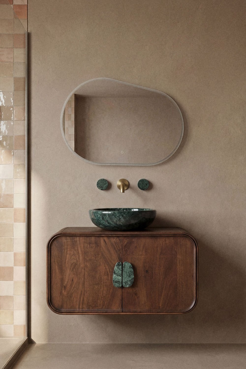 Conjunto de mueble de baño suspendido 95x45 cm en madera de mango y piedra natural Kivalina, imagen de galer&iacute;a 1