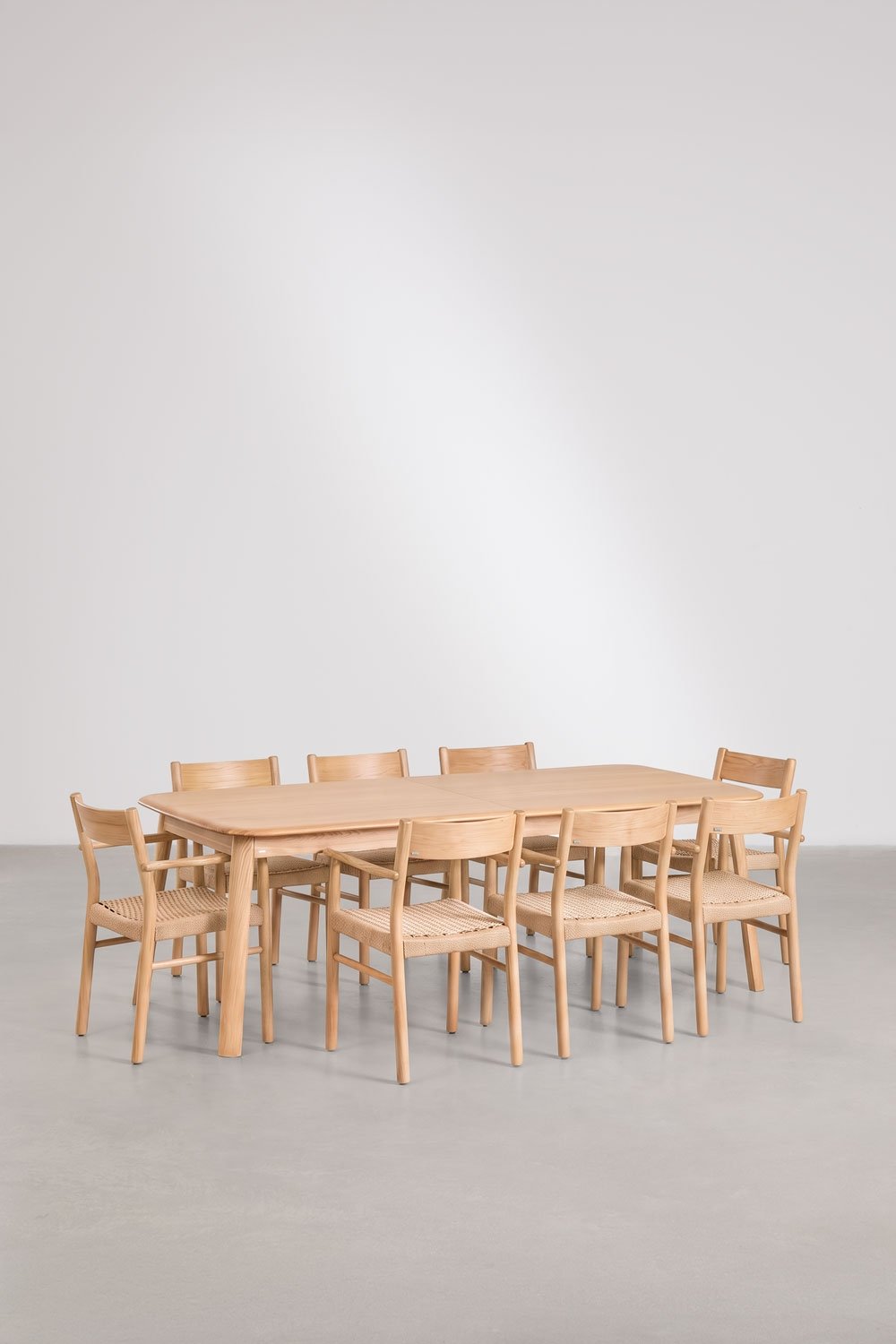 Set de mesa extensible 220-320x95 cm Treveris y 8 sillas de comedor en madera de roble y cuerda trenzada Mara, imagen de galer&iacute;a 3
