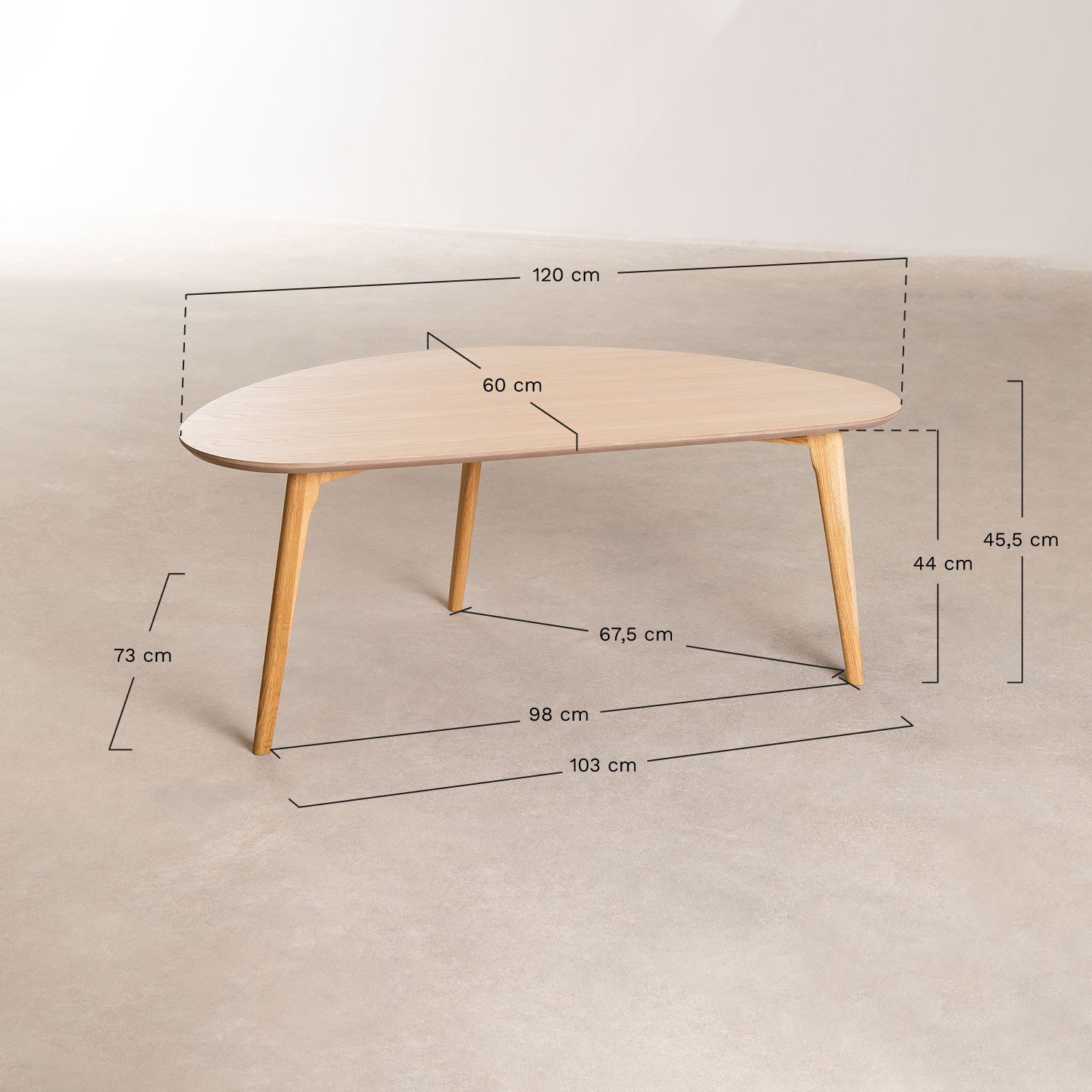 Table basse en MDF et bois de chêne Yavik, mesures