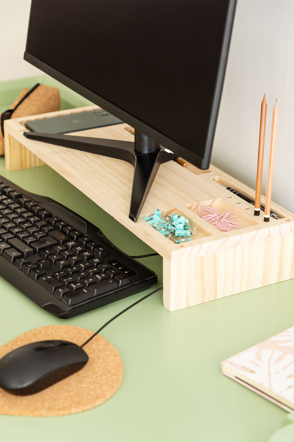 bras d ordinateur pour la gestion de la mémoire de bureau Support d affichage en bois kirigen avec deux tiroirs 
