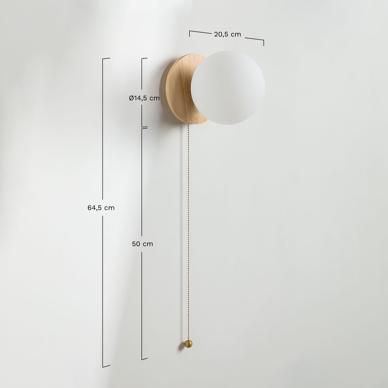 Applique en bois de chêne avec boule en verre Kamp, mesures
