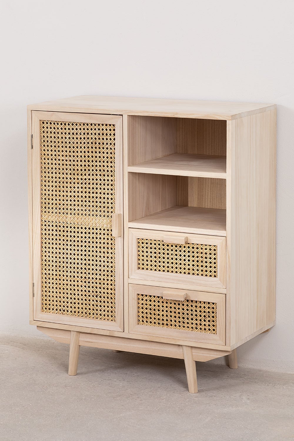Meuble à Chaussures En Bois Blanc Avec Tiroirs En Rotin - 102x23x84 Cm - 4 Tiroirs, Rangement Optimisé