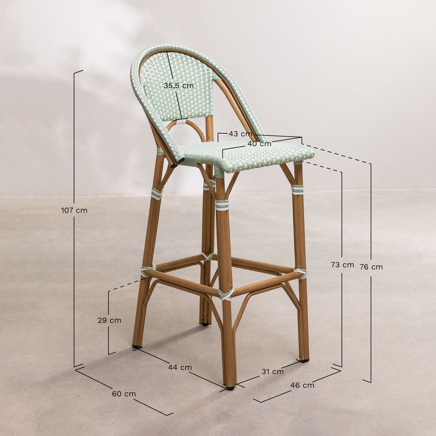 Tabouret Haut de Jardin avec Dossier (76 cm) Alisa Bistro, mesures