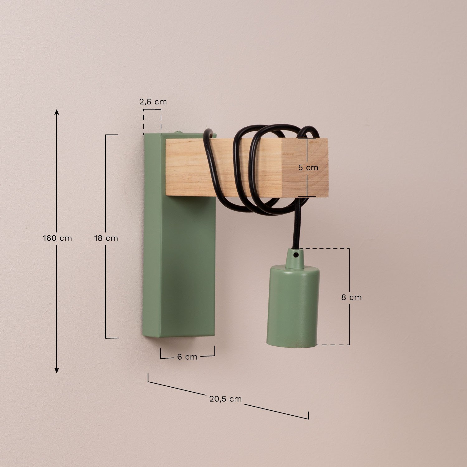 Applique Tina en acier et bois d'hévéa , mesures