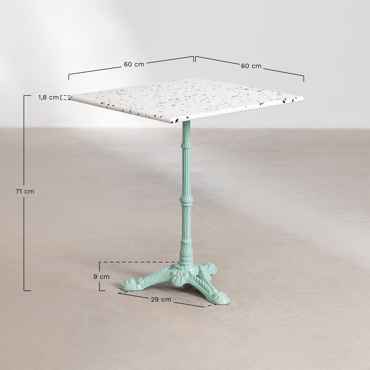 Table de bar carrée 60x60 cm en terrazzo Volutto, mesures