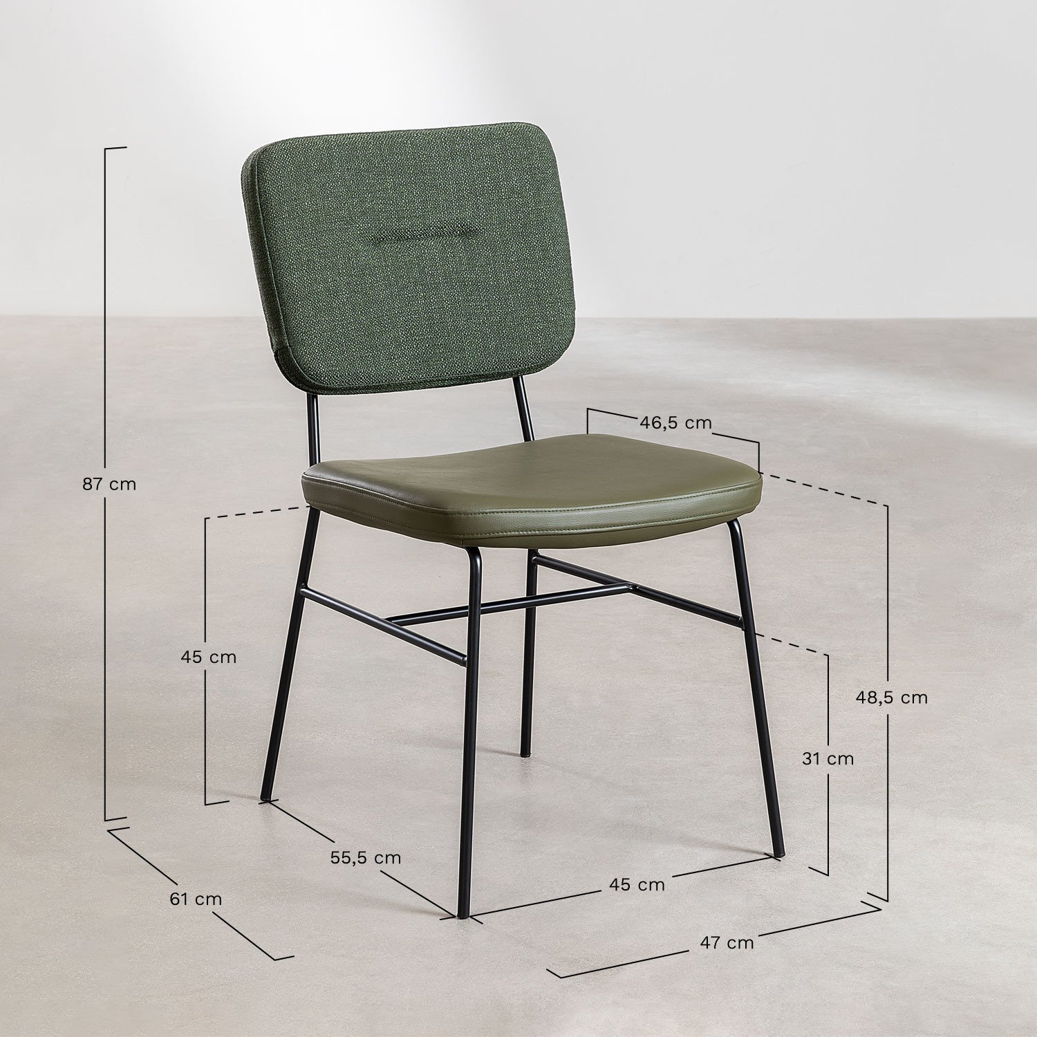 Chaise de salle à manger rembourrée en similicuir et acier Milih, mesures