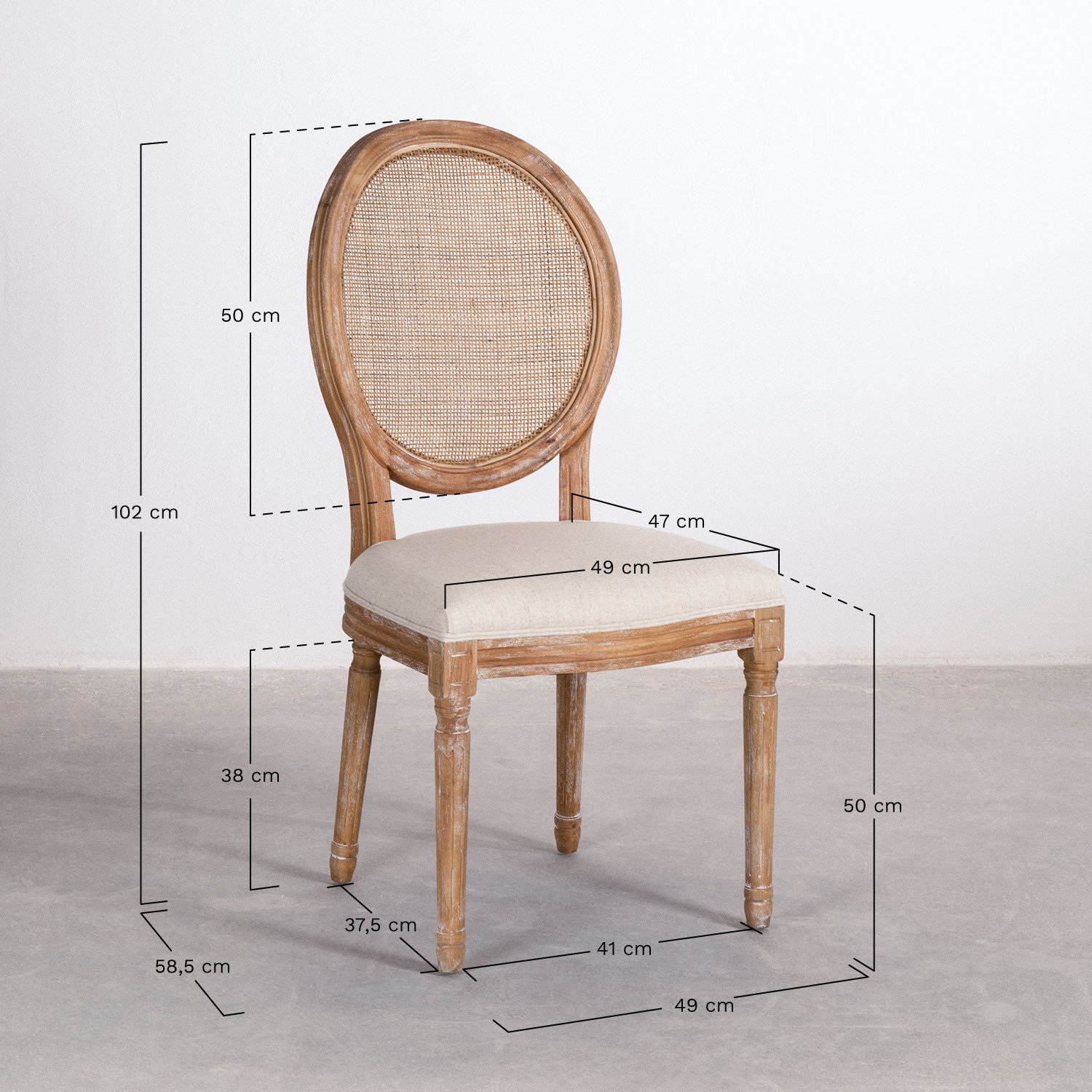 Ensemble table rectangulaire en bois de manguier (160x90 cm) Taraz et 4 chaises de salle à manger en tissu Sunna, mesures