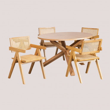 Ensemble Table À Manger Ronde Mieren (ø120 Cm) Et 4 Chaises Avec Accoudoirs En Bois De Frêne Et Rotin Lali Style Bois Naturel - Sklum