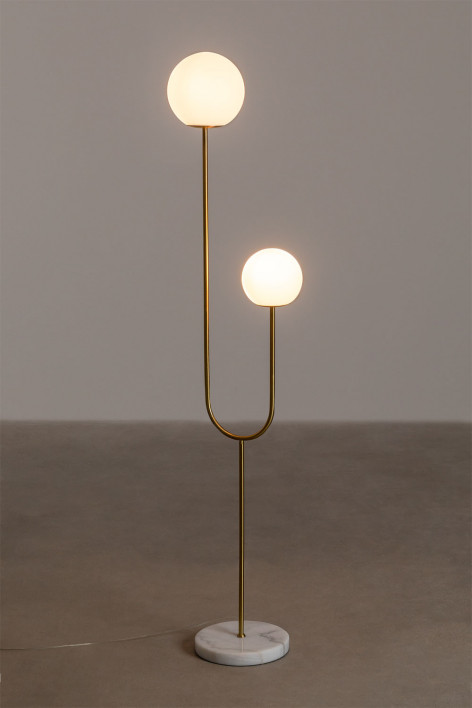 Lampadaire en fer, marbre et deux boules de verre Niama