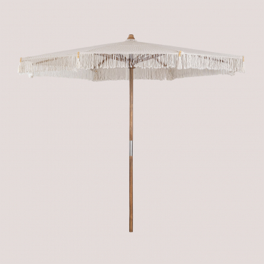 Parasol Tongariki En Teck Et Coton Ø320 Cm & Macramé Blanc - Sklum