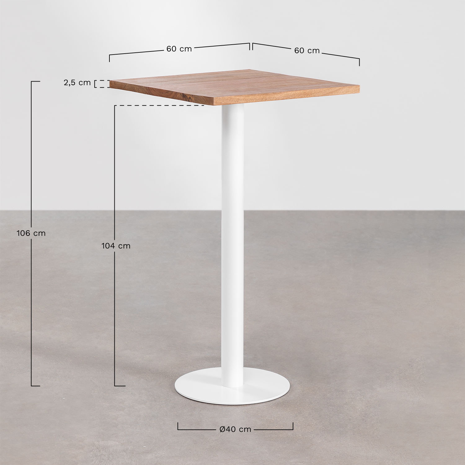 Table Haute de Bar Carrée en Bois d'Acacia Macchiato, mesures